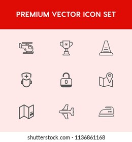 Modern, simple vector icon set on red background with aviation, sport, fly, unlock, protection, map, cup, air, ironing, hospital, victory, open, domestic, champion, lock, security, business, pin icons