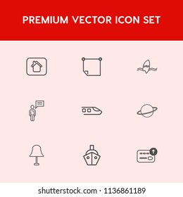 Modern, simple vector icon set on red background with lamp, person, planet, blank, modern, memo, estate, tropical, vessel, boat, message, office, communication, window, currency, paper, interior icons