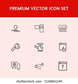 Modern, simple vector icon set on red background with landscape, point, sunset, lens, web, tool, screwdriver, internet, hammer, travel, retro, unknown, axe, sky, outdoor, video, communication icons