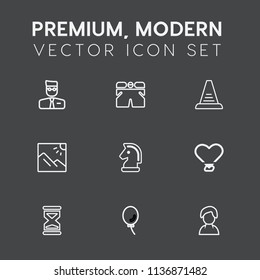 Modern, simple vector icon set on dark grey background with horse, human, ladder, balloon, clothing, account, climb, shorts, fashion, love, sport, concept, heart, scenery, clock, holiday, web icons