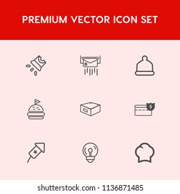 Modern, simple vector icon set on red background with bank, cash, seminar, communication, holiday, letter, projector, bulb, head, hat, tomato, electricity, white, post, message, cap, equipment icons