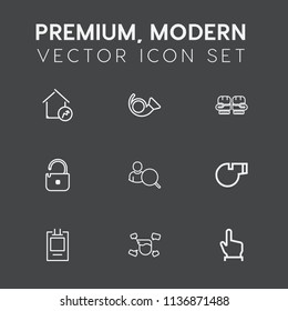 Modern, simple vector icon set on dark grey background with security, trumpet, boy, internet, male, musical, web, object, computer, music, button, bugle, market, increase, fight, sport, house icons