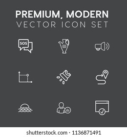 Modern, simple vector icon set on dark grey background with call, profile, geometry, sun, projector, nature, page, speaker, megaphone, morning, decorative, help, vase, landscape, sos, decoration icons