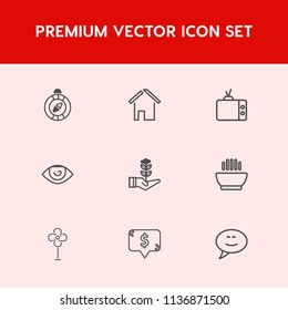 Modern, simple vector icon set on red background with building, soup, technology, direction, south, home, west, square, body, seedling, house, screen, human, food, hot, message, ventilator, east icons