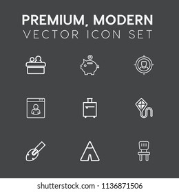 Modern, simple vector icon set on dark grey background with investment, presentation, business, shovel, travel, audience, conference, luggage, construction, piggy, interior, speech, finance, joy icons