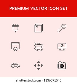Modern, simple vector icon set on red background with folder, transportation, archive, transport, file, work, repair, industry, button, electricity, chart, paper, service, sign, technology, taxi icons