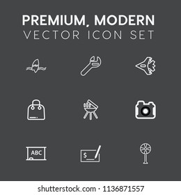 Modern, simple vector icon set on dark grey background with plane, surf, technology, air, board, cooler, check, equipment, black, chalkboard, bbq, photographer, airplane, sea, photography, sign icons