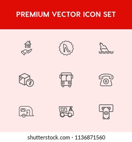 Modern, simple vector icon set on red background with cash, road, elegance, beautiful, property, atm, technology, footwear, fashion, water, concept, mobile, dumper, transportation, house, bank icons