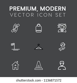 Modern, simple vector icon set on dark grey background with paddle, cargo, ocean, shop, blue, up, fashion, phone, ladder, mexico, old, house, delivery, boy, architecture, style, call, baja, boat icons