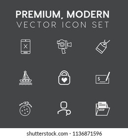 Modern, simple vector icon set on dark grey background with subscription, video, style, internet, fashion, check, account, office, sale, cancel, pen, technology, label, stop, rocket, water, file icons