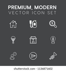 Modern, simple vector icon set on dark grey background with alarm, find, hour, email, property, estate, business, sky, trumpet, equipment, parachute, time, message, concept, safety, technology icons