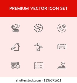 Modern, simple vector icon set on red background with call, calendar, estate, vehicle, retro, coupon, dumper, entertainment, sound, schedule, discount, home, technology, player, button, lipstick icons