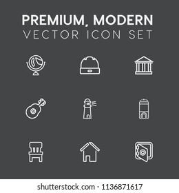 Modern, simple vector icon set on dark grey background with europe, sphere, luxury, safety, room, business, travel, safe, lighthouse, water, estate, building, music, sea, cap, greek, light, map icons