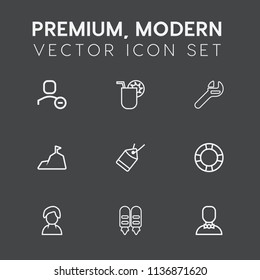 Modern, simple vector icon set on dark grey background with male, mountain, spanner, ice, drink, repair, pictogram, , nature, female, sky, pool, industry, web, juice, sale, human, tool, cold icons
