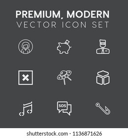Modern, simple vector icon set on dark grey background with ufo, young, economy, beauty, girl, technology, account, woman, square, user, danger, sos, piggy, spaceship, emergency, space, note icons