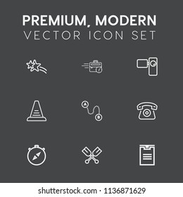 Modern, simple vector icon set on dark grey background with boat, shipping, ladder, home, east, telephone, computer, water, falling, destination, cell, backdrop, desk, north, oar, camera, video icons