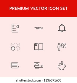 Modern, simple vector icon set on red background with bowl, businessman, transportation, contract, business, equipment, hit, replacement, investment, document, message, presentation, bowling icons