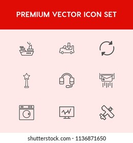 Modern, simple vector icon set on red background with headset, success, aircraft, clean, medal, flight, diagnostic, weapon, marine, travel, reload, medicine, medical, ocean, mail, airplane, war icons