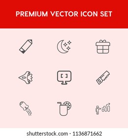 Modern, simple vector icon set on red background with personal, hammer, plane, drink, progress, web, gift, technology, laptop, sky, moonlight, computer, juice, moon, summer, success, star, pen icons