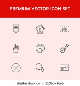 Modern, simple vector icon set on red background with technology, tool, wheel, music, box, cassette, bike, people, presentation, laboratory, businessman, speaker, tape, home, branch, magnifying icons