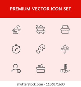 Modern, simple vector icon set on red background with north, speaker, east, compass, gramophone, retro, seedling, protection, fast, open, conference, white, nature, vintage, presentation, meal icons