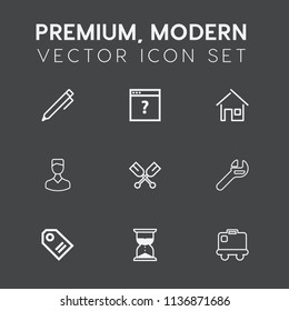 Modern, simple vector icon set on dark grey background with paddle, building, sale, white, boat, human, avatar, pen, hand, wrench, clock, tag, label, water, note, home, luggage, spanner, estate icons