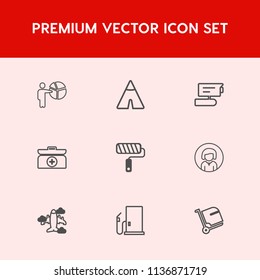 Modern, simple vector icon set on red background with petrol, gasoline, video, flight, paint, kit, meeting, adventure, nature, businessman, luggage, tv, woman, roll, camp, box, oil, gas, baggage icons
