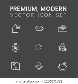 Modern, simple vector icon set on dark grey background with investment, estate, internet, apartment, map, pin, architecture, web, hamburger, fast, property, coin, compass, building, road, tag icons