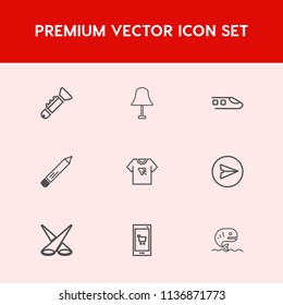 Modern, simple vector icon set on red background with illumination, internet, app, tshirt, message, pen, light, transportation, communication, office, instrument, stationery, electric, email icons