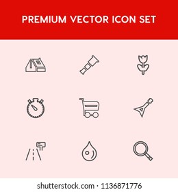 Modern, simple vector icon set on red background with watch, guitar, rain, galaxy, clock, nature, exterior, music, white, water, spring, road, street, market, roofing, science, house, home, sky icons