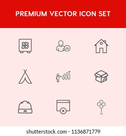 Modern, simple vector icon set on red background with hat, banking, growth, unpacking, box, cooler, package, personal, cap, electric, new, cardboard, security, real, development, travel, house icons