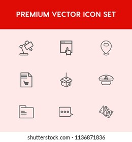 Modern, simple vector icon set on red background with captain, notebook, marker, message, interior, cap, pin, office, map, file, hat, store, mouse, travel, navy, blank, technology, paper, list icons