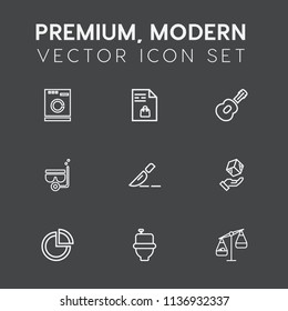 Modern, simple vector icon set on dark grey background with surgery, guitar, notebook, clinic, toilet, business, weight, wc, medical, measurement, domestic, list, clean, supermarket, white, sea icons