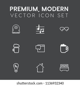 Modern, simple vector icon set on dark grey background with double, bubble, music, cafe, alien, building, coffee, creature, eye, musical, phone, alcohol, chat, mug, clef, house, cute, sunglasses icons