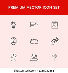 Modern, simple vector icon set on red background with tropical, picture, palm, ventilator, tape, old, light, science, astronaut, space, spacesuit, leaf, cosmonaut, bulb, audio, retro, air, media icons
