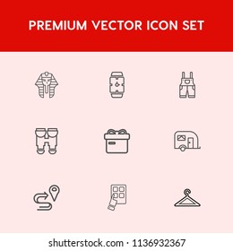 Modern, simple vector icon set on red background with transportation, gift, time, clock, optical, hand, uniform, ribbon, egyptian, hanger, modern, navigation, holiday, culture, history, mobile icons