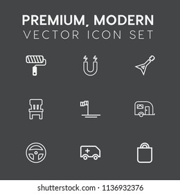 Modern, simple vector icon set on dark grey background with ambulance, guitar, home, gift, transport, medicine, brush, blue, painter, science, traffic, roll, rescue, magnetic, equipment, chair icons