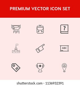 Modern, simple vector icon set on red background with tower, first, old, letter, blackboard, pointing, business, winner, graphic, message, achievement, medieval, sale, tag, building, black, pen icons