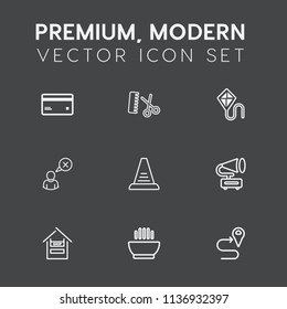 Modern, simple vector icon set on dark grey background with kite, vintage, route, retro, credit, salon, road, dish, map, bank, navigation, up, internet, music, step, banking, store, soup, record icons
