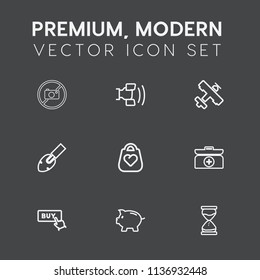Modern, simple vector icon set on dark grey background with money, sand, hour, coin, time, web, bank, button, finance, communication, mobile, kit, technology, construction, photography, style icons