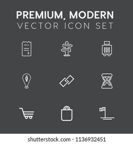 Modern, simple vector icon set on dark grey background with link, bill, people, shop, choice, gift, hour, baja, road, timer, web, time, payment, retail, paper, finance, location, mexico, ocean icons