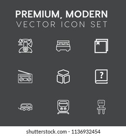 Modern, simple vector icon set on dark grey background with paper, black, communication, travel, white, house, archive, chair, interior, play, room, radio, transport, phone, antique, telephone icons