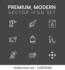 Modern, simple vector icon set on dark grey background with bag, currency, electric, balance, money, button, web, credit, exploration, tool, work, card, drill, canoe, business, female, water icons