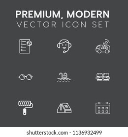 Modern, simple vector icon set on dark grey background with house, eye, cargo, headset, swimming, day, satellite, glasses, shipping, window, competition, box, car, call, center, roller, boxing icons