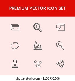 Modern, simple vector icon set on red background with protection, bubble, card, oar, forest, landscape, aircraft, open, airplane, buy, jetliner, boat, economy, nature, finance, website, lock icons