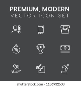 Modern, simple vector icon set on dark grey background with place, plan, award, down, finance, cell, cellphone, office, upstairs, task, call, north, time, list, internet, wireless, coin, contact icons