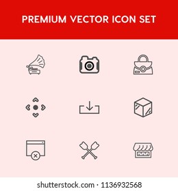 Modern, simple vector icon set on red background with background, boat, entertainment, shop, bag, product, photographer, style, photography, retro, curtain, lens, technology, web, vintage, sign icons