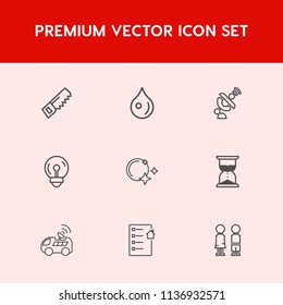 Modern, simple vector icon set on red background with space, nature, vehicle, drop, moon, real, clock, star, standing, light, energy, girl, contract, liquid, sand, electric, car, satellite, bulb icons