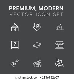 Modern, simple vector icon set on dark grey background with shop, download, space, vehicle, string, equipment, nature, book, car, folk, adventure, planet, tourism, pen, wildlife, musical, animal icons