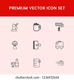 Modern, Simple Vector Icon Set On Red Background With Balloon, Sky, Exit, Luggage, Glass, Cafe, Espresso, Earth, Solar, Mug, Checklist, Wireless, Alcohol, Technology, Satellite, Roller, Hot, Job Icons